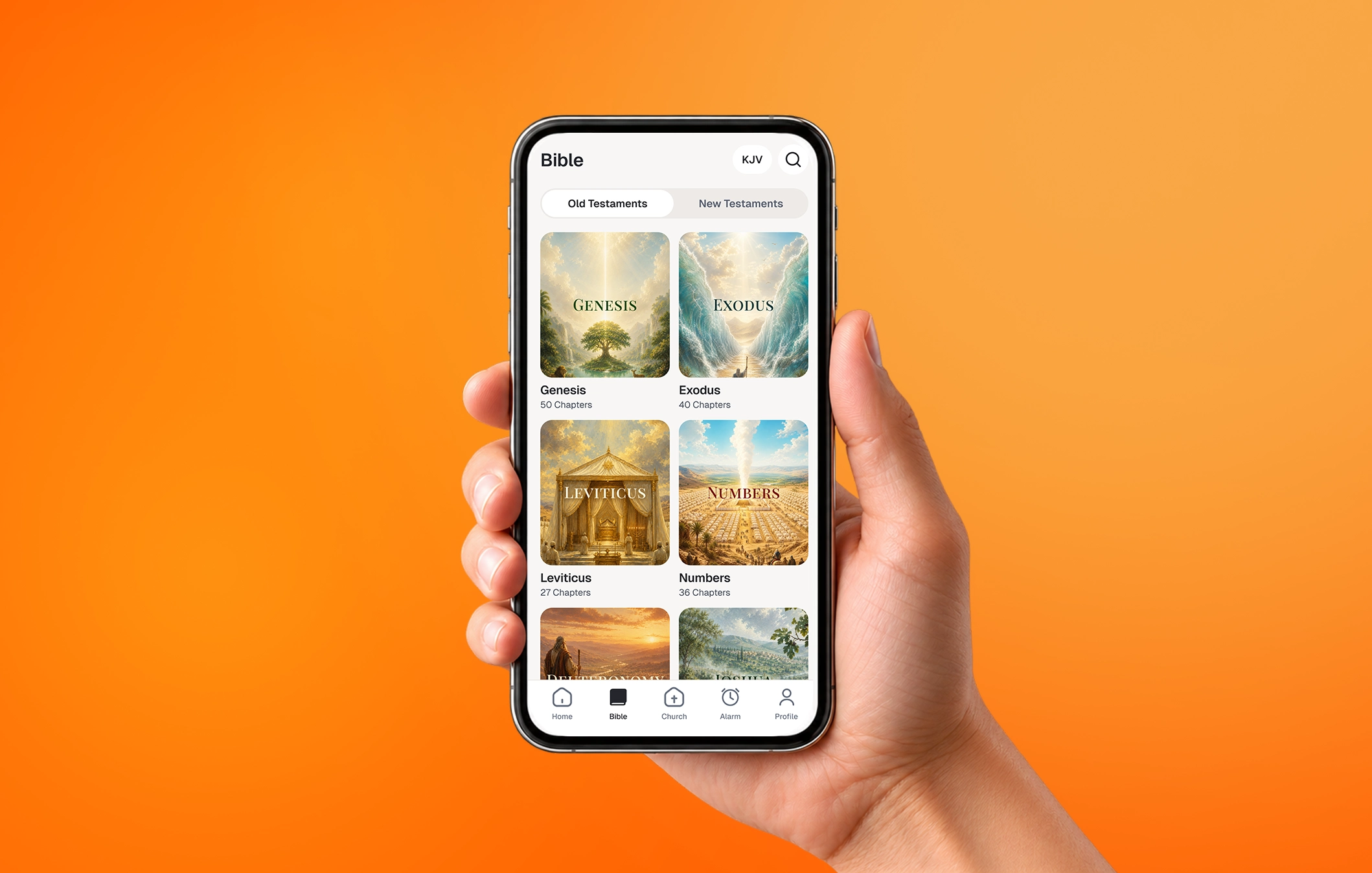 A hand holding a phone showing the Faith365 Bible library