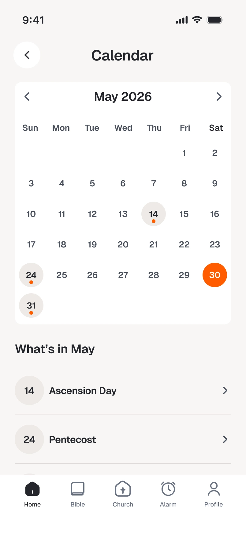 Faith365 church events and calendar screen
